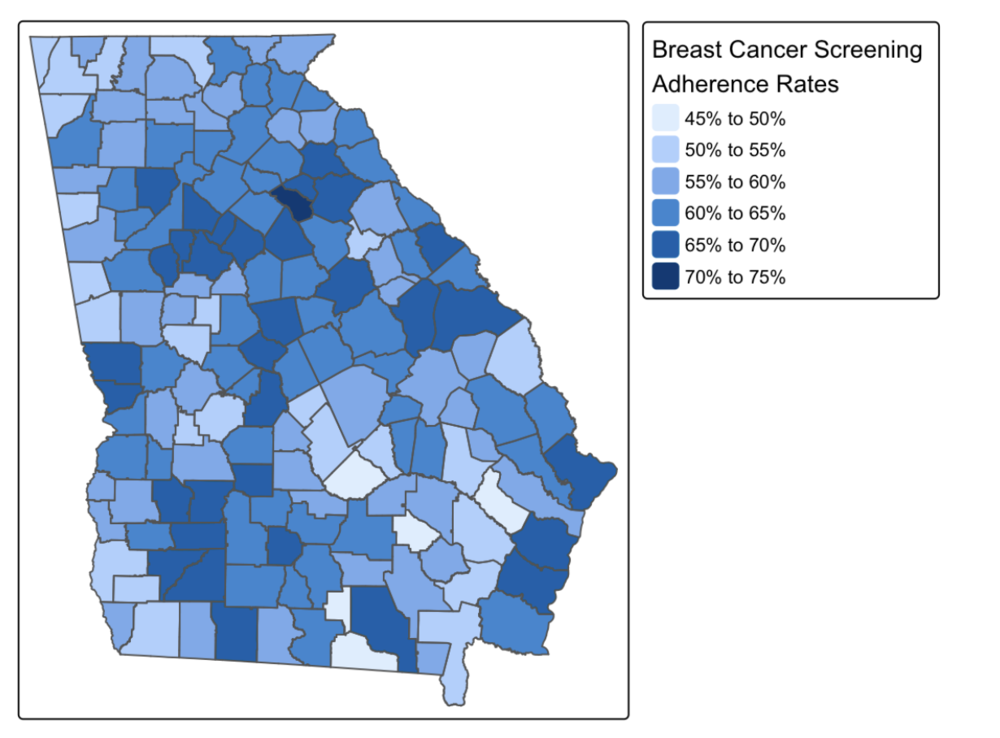 Map shows county by county variable adherence rates to USPSTF breast cancer screening guidelines.